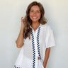 white linen button up top