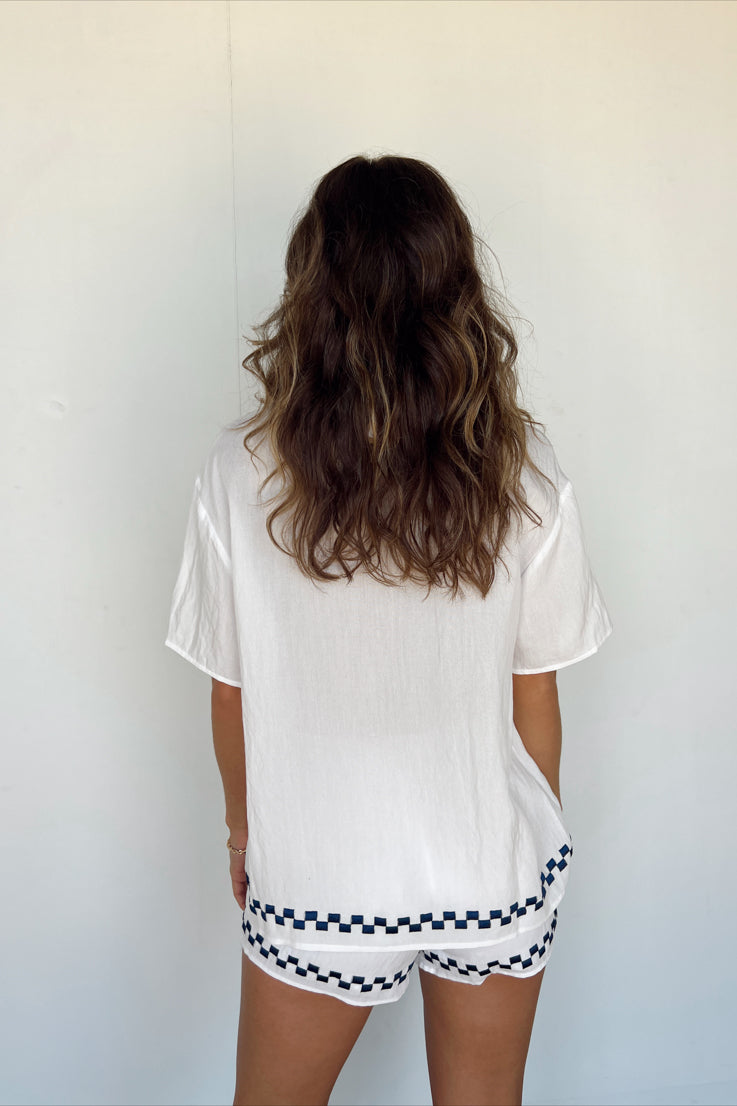 white linen button up top