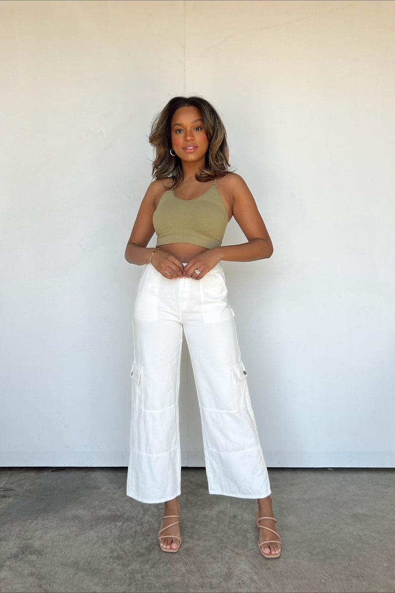 White Cargo Pants with White and Brown Sweater Spring Outfits (3 ideas &  outfits) | Lookastic