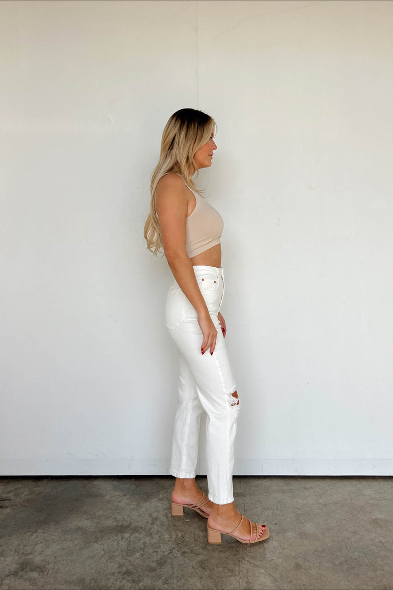 white distressed ankle length jeans