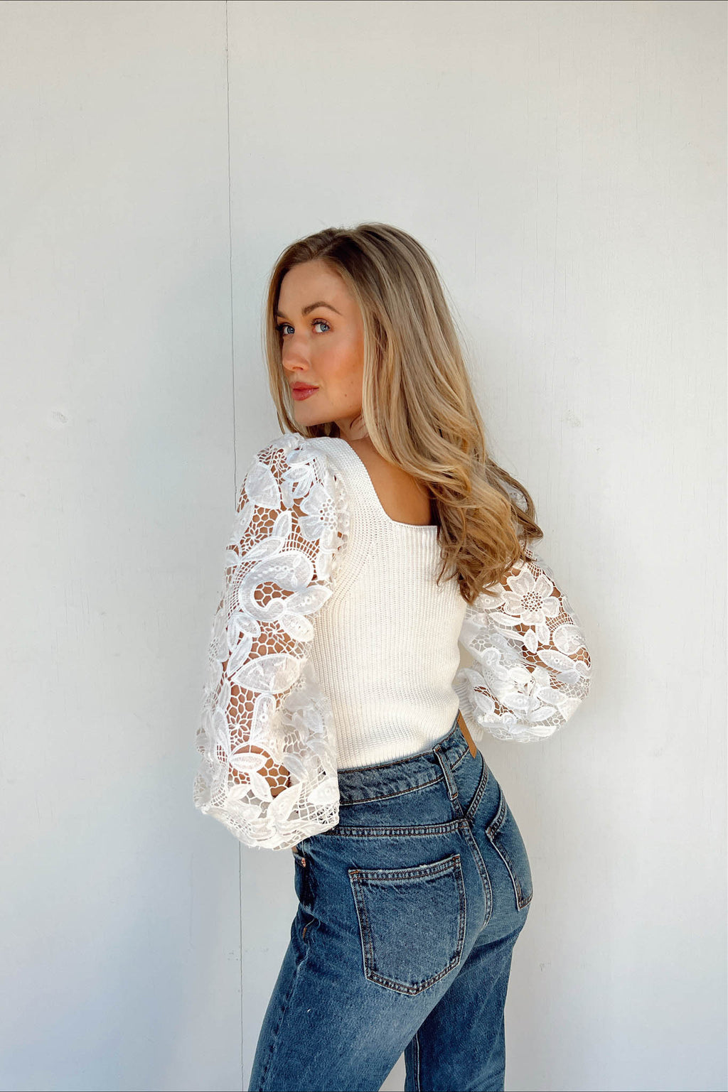 white knit body with lace sleeves