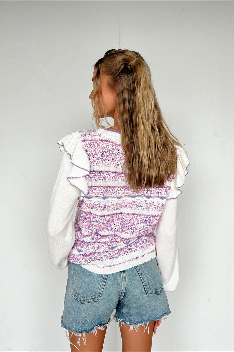 ivory and purple sweater with ruffle 