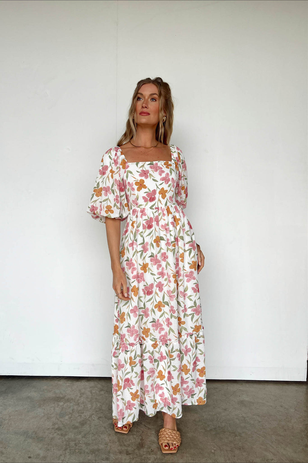 white and pink maxi dress