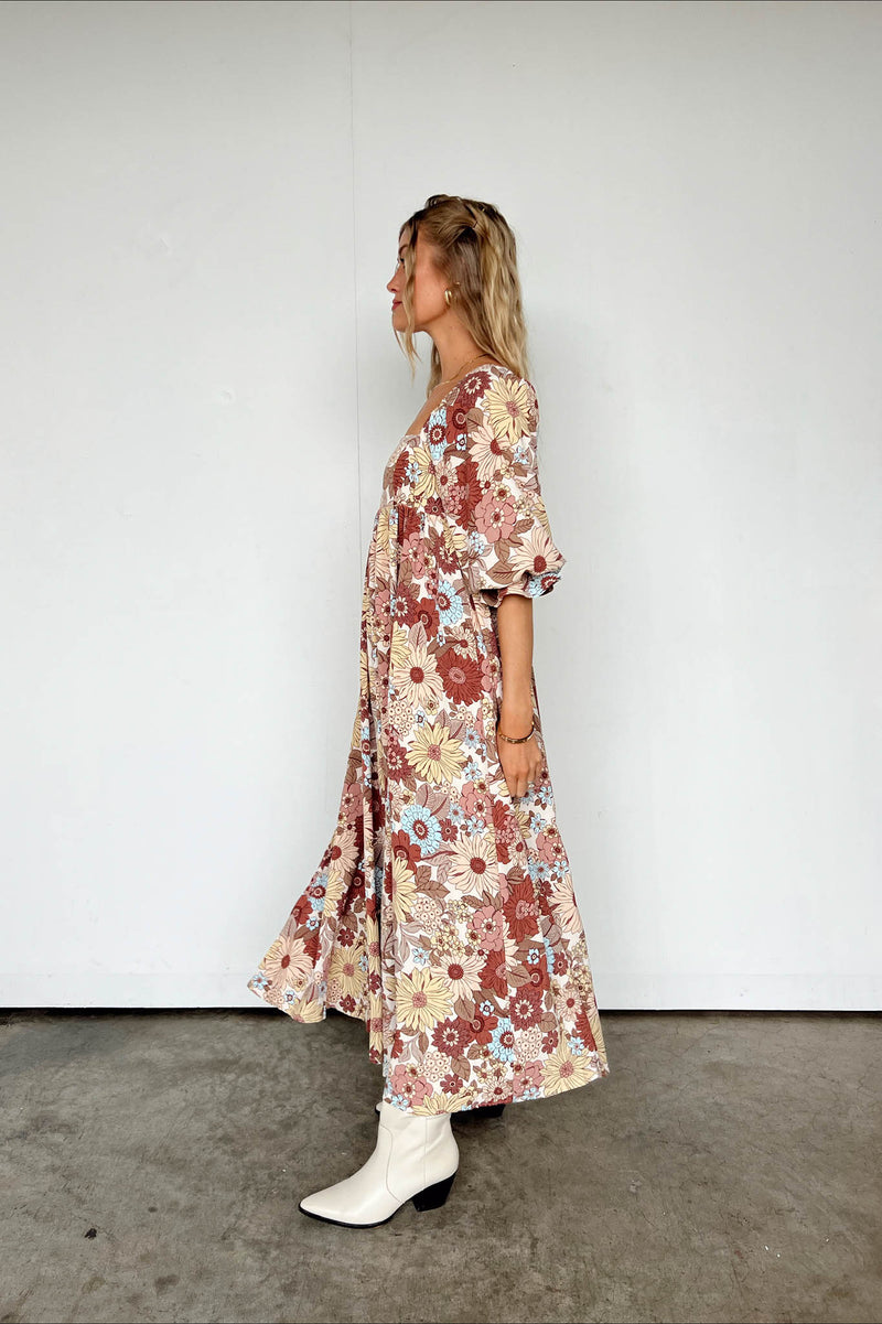brown and beige floral maxi dress