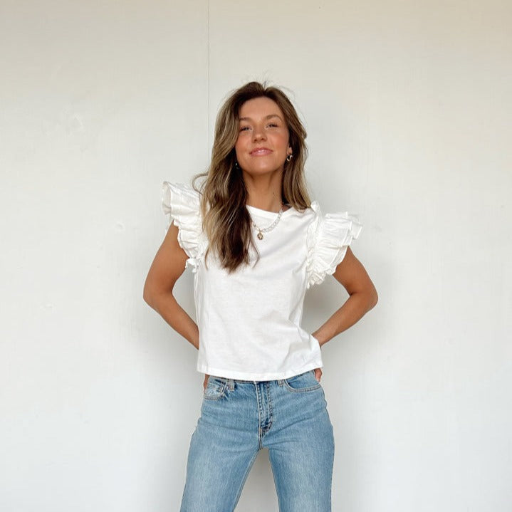 white tee with flutter sleeves