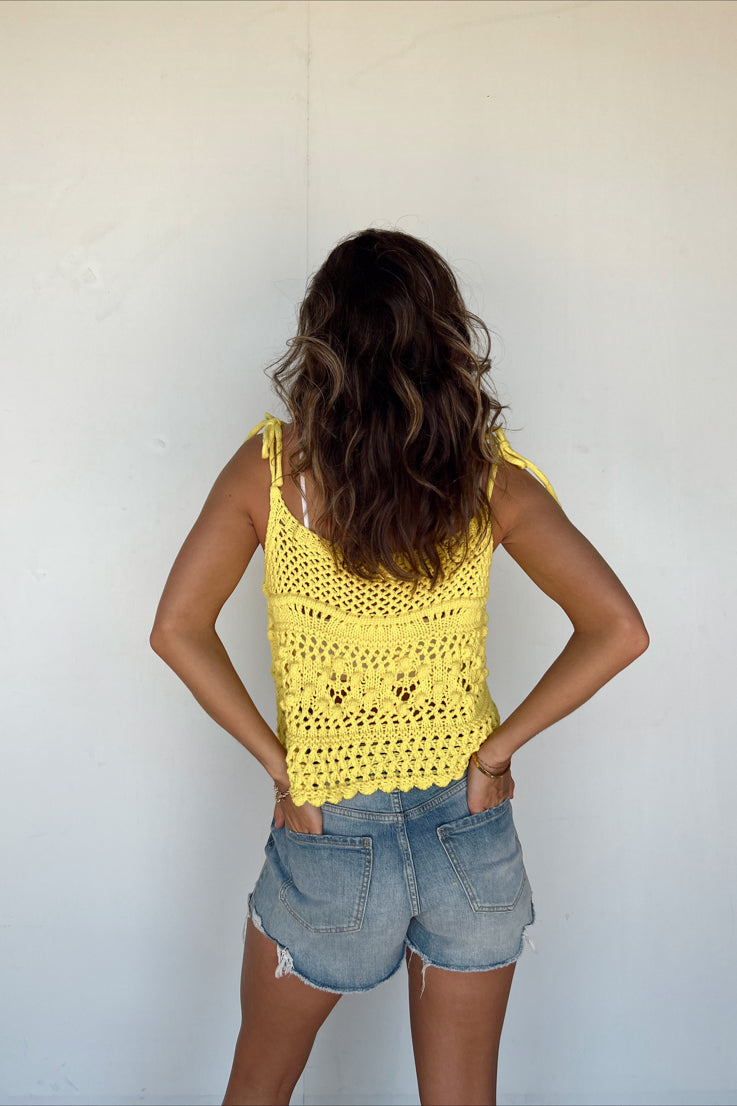 yellow open knit tank top
